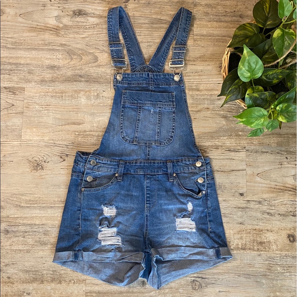 Ripped Denim Overall Shorts